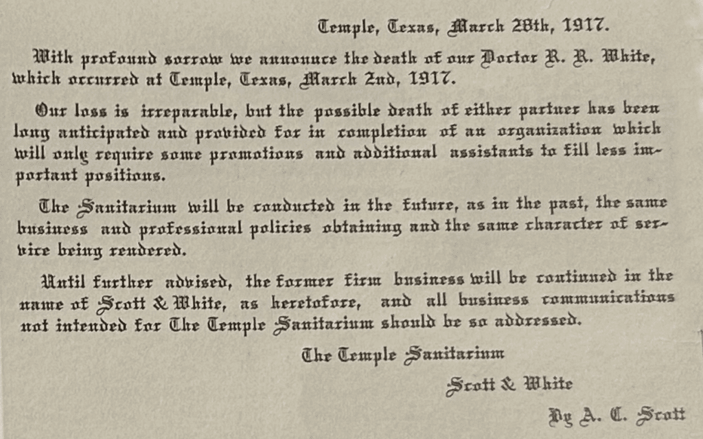 Announcement of Dr. White's death, signed A. C. Scott